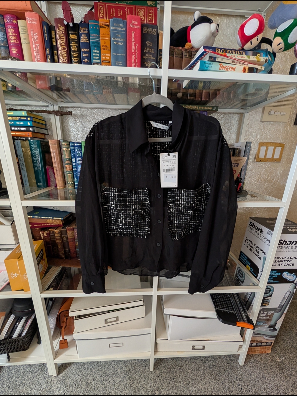Zara Black Sheer Button-Up Blouse with Tweed Pocket Accents